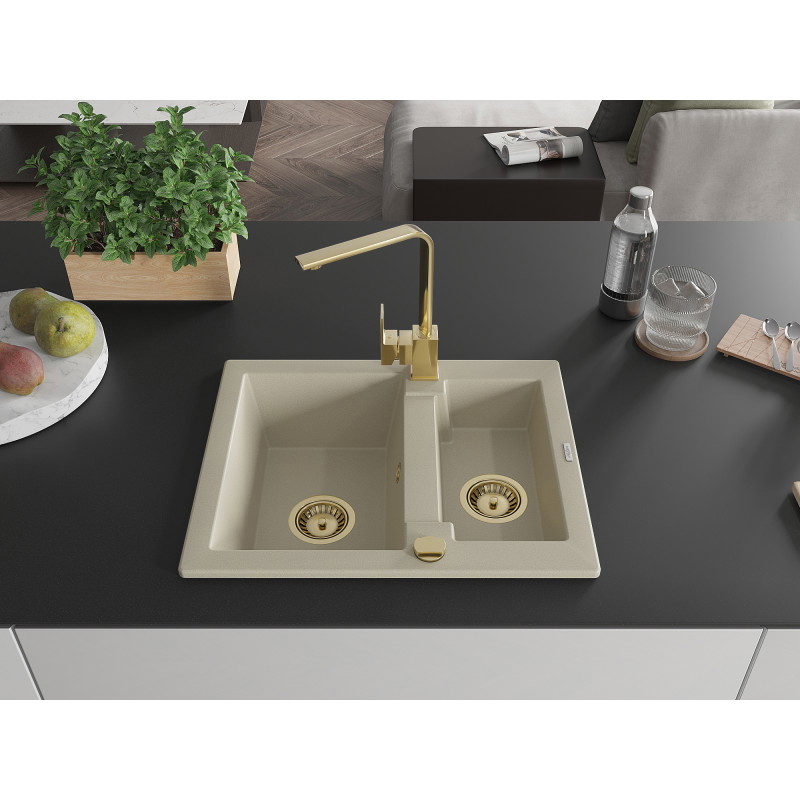 Mexen Carlos Granitspüle 1,5 Kammern mit Küchenarmatur Rita, beige - 6518-69-670300-50