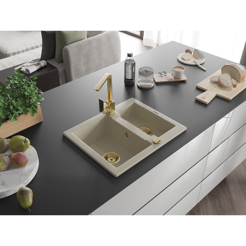 Mexen Carlos Granitspüle 1,5 Kammern mit Küchenarmatur Rita, beige - 6518-69-670300-50