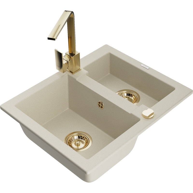 Mexen Carlos Granitspüle 1,5-beckig mit Küchenarmatur Rita, beige - 6518-69-670300-50