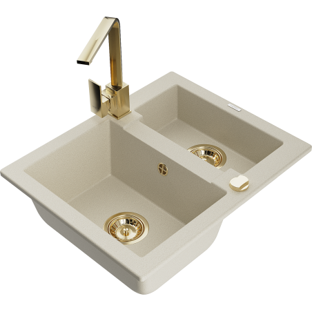 Mexen Carlos Granitspüle 1,5-beckig mit Küchenarmatur Rita, beige - 6518-69-670300-50
