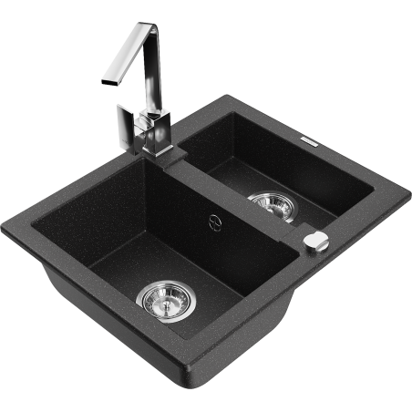 Mexen Carlos Granitspüle 1,5-Becken mit Küchenarmatur Rita, schwarz/silber metallic - 6518-73-670300-00