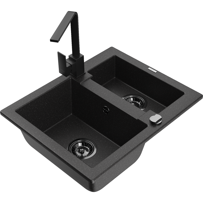 Mexen Carlos Granitspüle 1,5-Becken mit Küchenarmatur Rita, schwarz/silber metallic - 6518-73-670300-70-B