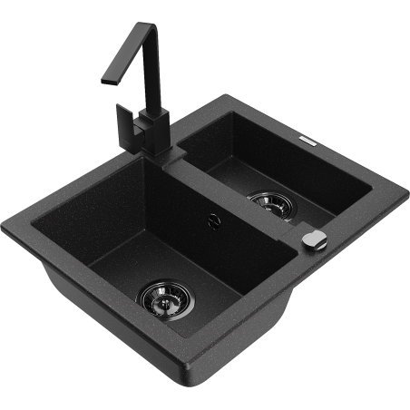 Mexen Carlos Granitspüle 1,5-Becken mit Küchenarmatur Rita, schwarz/silber metallic - 6518-73-670300-70-B