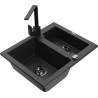Mexen Carlos Granitspüle 1,5-Becken mit Küchenarmatur Rita, schwarz/silber metallic - 6518-73-670300-70-B