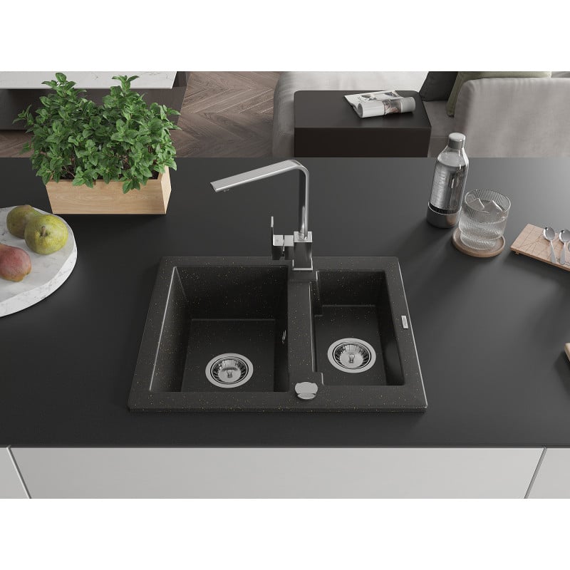 Mexen Carlos Granitspüle 1,5-Becken mit Küchenarmatur Rita, Schwarz/Gold Metallic - 6518-75-670300-00