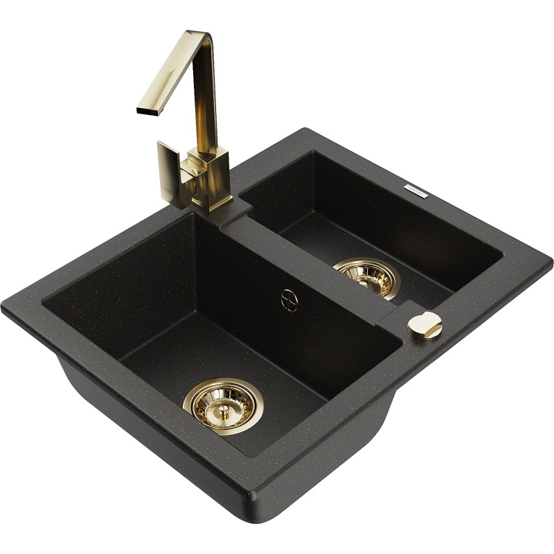 Mexen Carlos Granitspüle 1,5-beckig mit Küchenarmatur Rita, schwarz/goldener Metallic - 6518-75-670300-50