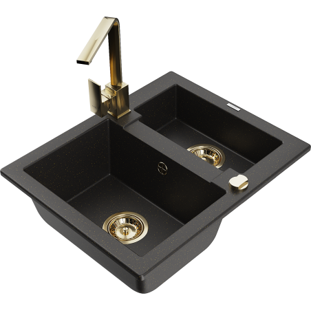 Mexen Carlos 1,5-Kammer-Granitarspüle mit Küchenarmatur Rita, Schwarz/Gold-Metallic - 6518-75-670300-50