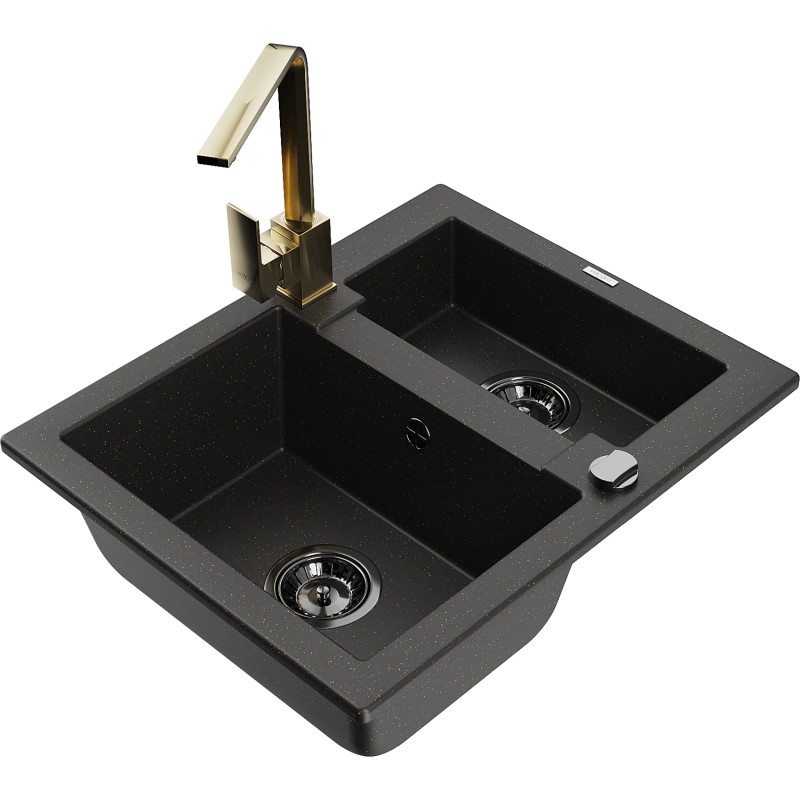 Mexen Carlos Granitspüle 1,5-Kammer mit Küchenarmatur Rita, schwarz/gold metallic - 6518-75-670300-50-B