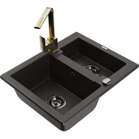 Mexen Carlos 1,5-kammer Spülbecken aus Granit mit Küchenarmatur Rita, schwarz/gold metallic - 6518-75-670300-50-B
