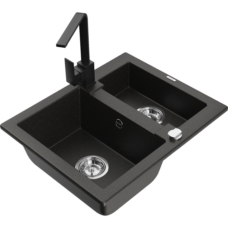 Mexen Carlos 1,5-Kammer-Graniteinbauspüle mit Küchenarmatur Rita, Schwarz/Gold-Metallic - 6518-75-670300-70