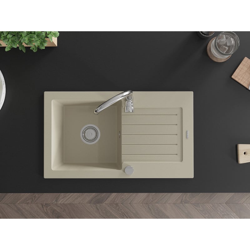 Mexen Pablo Granitspüle mit 1 Becken, Abtropffläche und Küchenarmatur Telma, beige - 6510-69-670200-00