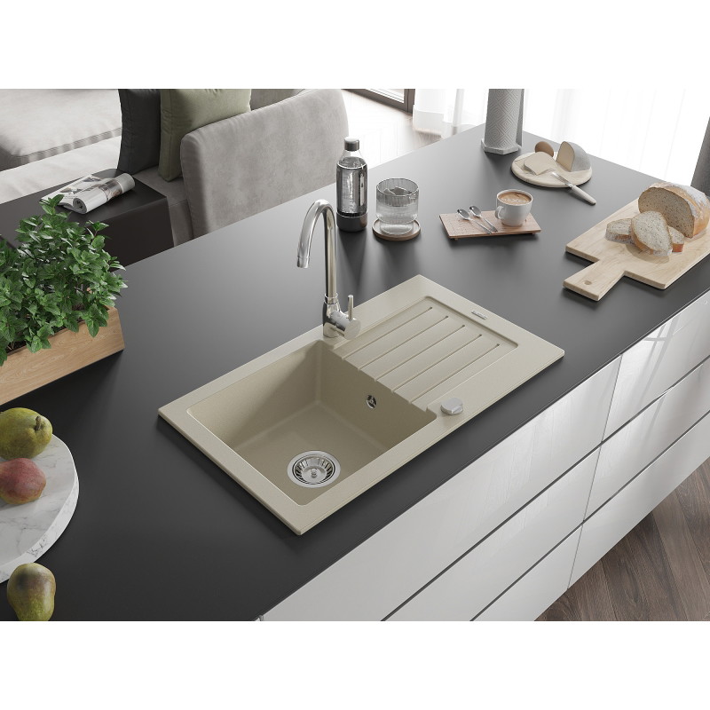 Mexen Pablo Granitspüle 1-beckig mit Abtropffläche und Küchenarmatur Telma, beige - 6510-69-670200-00