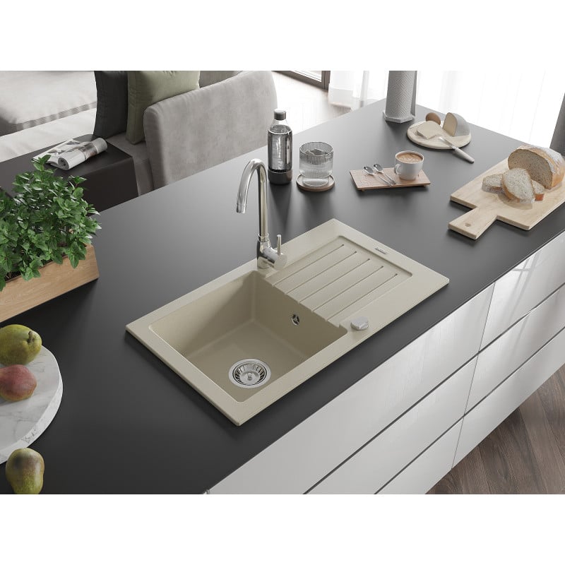 Mexen Pablo Granitspüle mit 1 Becken, Abtropffläche und Küchenarmatur Telma, beige - 6510-69-670200-00