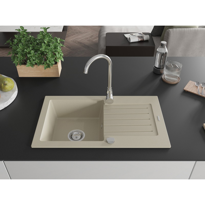 Mexen Pablo Granitspüle mit 1 Becken, Abtropfbereich und Küchenarmatur Telma, beige - 6510-69-670200-00