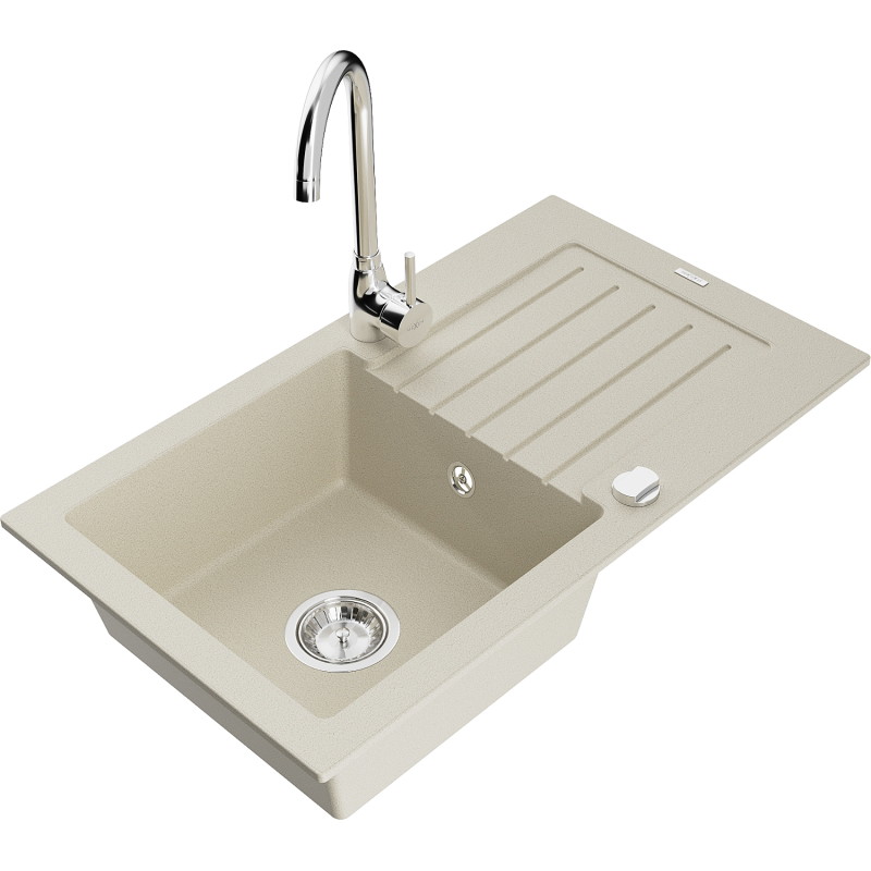 Mexen Pablo Granitspüle mit 1 Becken, Abtropfbereich und Küchenarmatur Telma, beige - 6510-69-670200-00