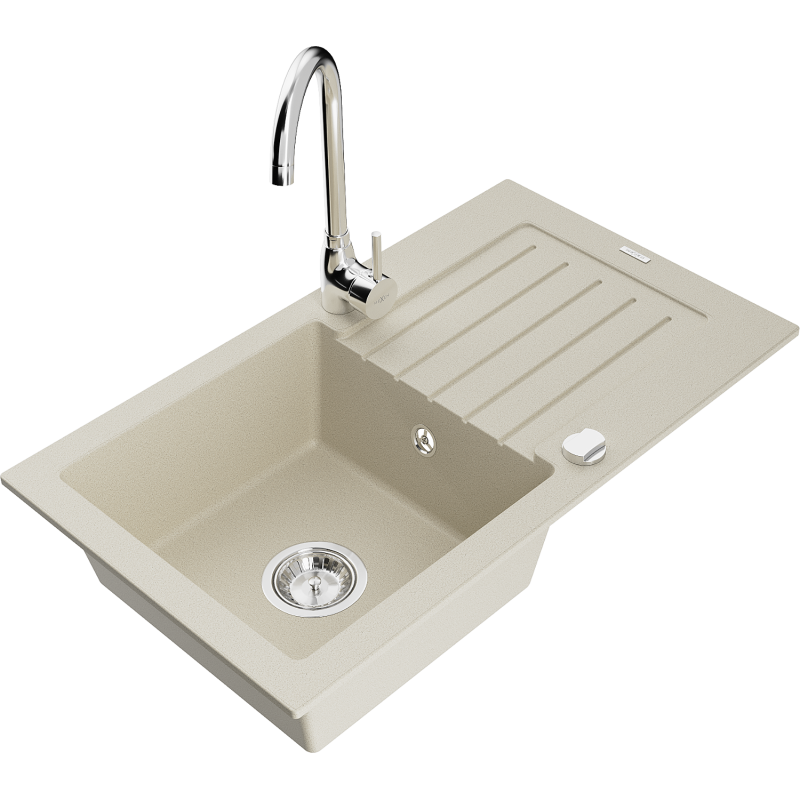Mexen Pablo Granitspüle mit 1 Becken, Abtropffläche und Küchenarmatur Telma, beige - 6510-69-670200-00