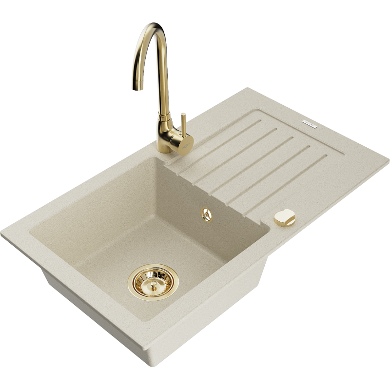 Mexen Pablo Granitspüle 1-Becken mit Abtropffläche und Küchenarmatur Telma, beige - 6510-69-670200-50