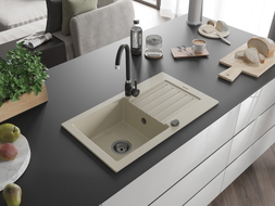 Mexen Pablo Granitspüle 1-Becken mit Abtropffläche und Küchenarmatur Telma, beige - 6510-69-670200-70