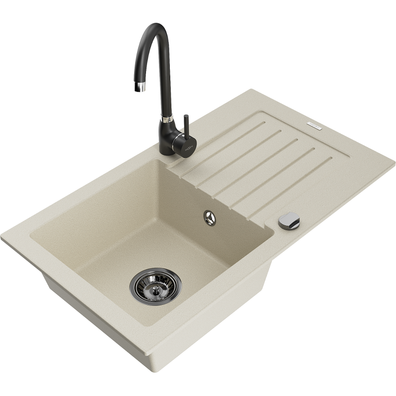 Mexen Pablo Granitspüle 1-Becken mit Abtropffläche und Küchenarmatur Telma, beige - 6510-69-670200-70