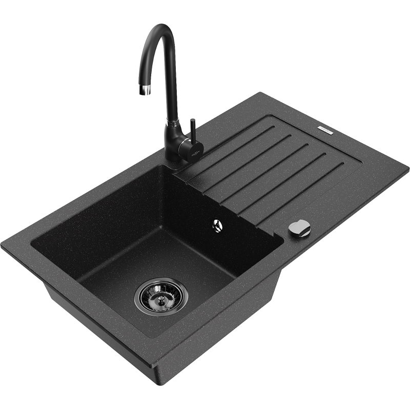 Mexen Pablo Granitspüle 1-Becken mit Abtropffläche und Küchenarmatur Telma, schwarz/silber - 6510-73-670200-70-B