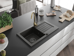 Mexen Pablo Einzelbecken Granitspüle mit Abtropffläche und Küchenarmatur Telma, schwarz/gold - 6510-75-670200-50-B