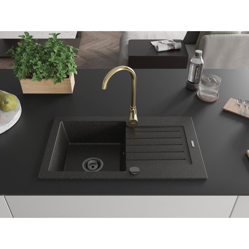 Mexen Pablo Einzelbecken Granitspüle mit Abtropffläche und Küchenarmatur Telma, schwarz/gold - 6510-75-670200-50-B