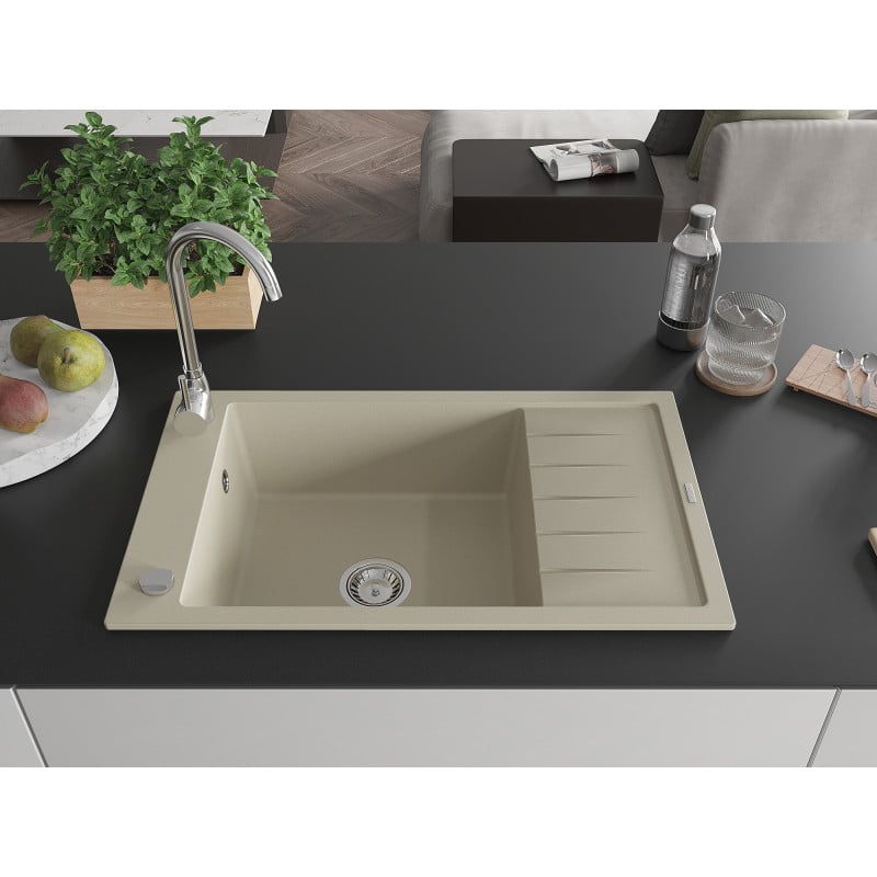 Mexen Elias Granitspüle, 1-beckig mit Abtropffläche und Küchenarmatur Telma, beige - 6511-69-670200-00