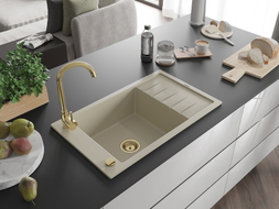 Mexen Elias Granitspüle 1-becken mit Abtropffläche und Küchenarmatur Telma, beige - 6511-69-670200-50