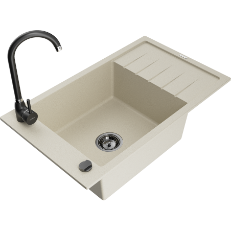 Mexen Elias Granitspüle 1-beckig mit Abtropffläche und Küchenarmatur Telma, beige - 6511-69-670200-70