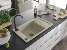 Mexen Elias Granitspüle 1-beckig mit Abtropffläche und Küchenarmatur Telma, beige - 6511-69-670200-70