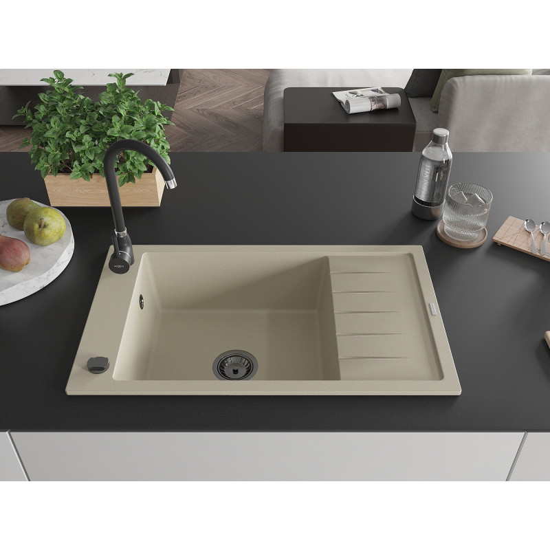 Mexen Elias granitspüle 1-becken mit abtropffläche und küchenarmatur Telma, beige - 6511-69-670200-70
