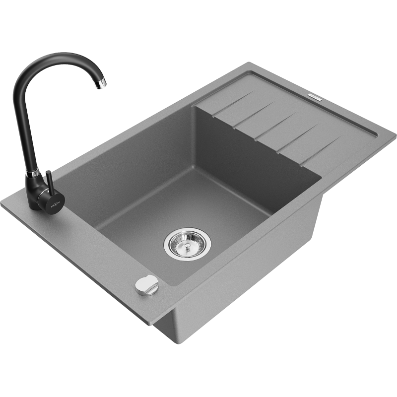 Mexen Elias Granitspüle 1-Becken mit Abtropffläche und Küchenarmatur Telma, grau - 6511-71-670200-70