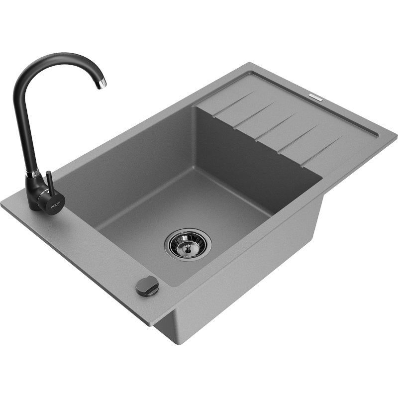 Mexen Elias Granitspüle 1-Becken mit Abtropffläche und Küchenarmatur Telma, grau - 6511-71-670200-70-B