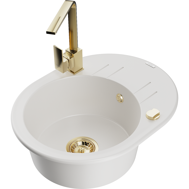 Mexen Kevin Granitspüle 1-beckig mit Abtropffläche und Küchenarmatur Rita, weiß - 6517-20-670300-50