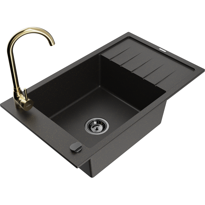 Mexen Elias Granitspüle 1-Becken mit Abtropffläche und Küchenarmatur Telma, schwarz/gold - 6511-75-670200-50-B