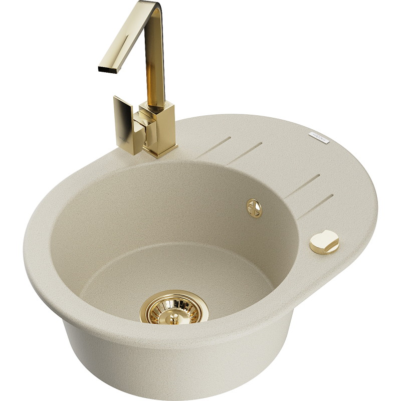 Mexen Kevin Granitspüle 1-Becken mit Abtropffläche und Küchenarmatur Rita, beige - 6517-69-670300-50