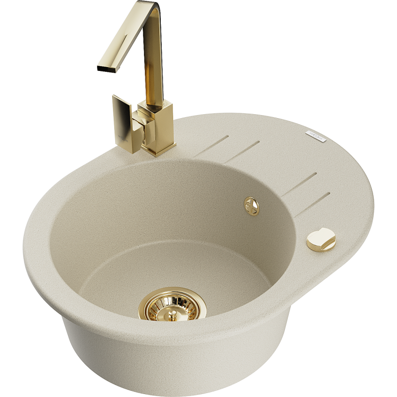 Mexen Kevin Granitspüle 1-beckig mit Abtropffläche und Küchenarmatur Rita, beige - 6517-69-670300-50