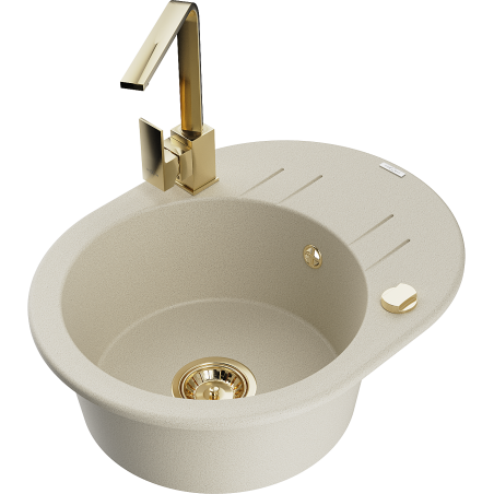 Mexen Kevin Granitspüle 1-beckig mit Abtropffläche und Küchenarmatur Rita, beige - 6517-69-670300-50