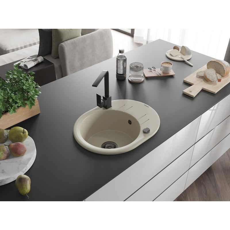 Mexen Kevin Granitspüle 1-Becken mit Abtropffläche und Küchenarmatur Rita, beige - 6517-69-670300-70