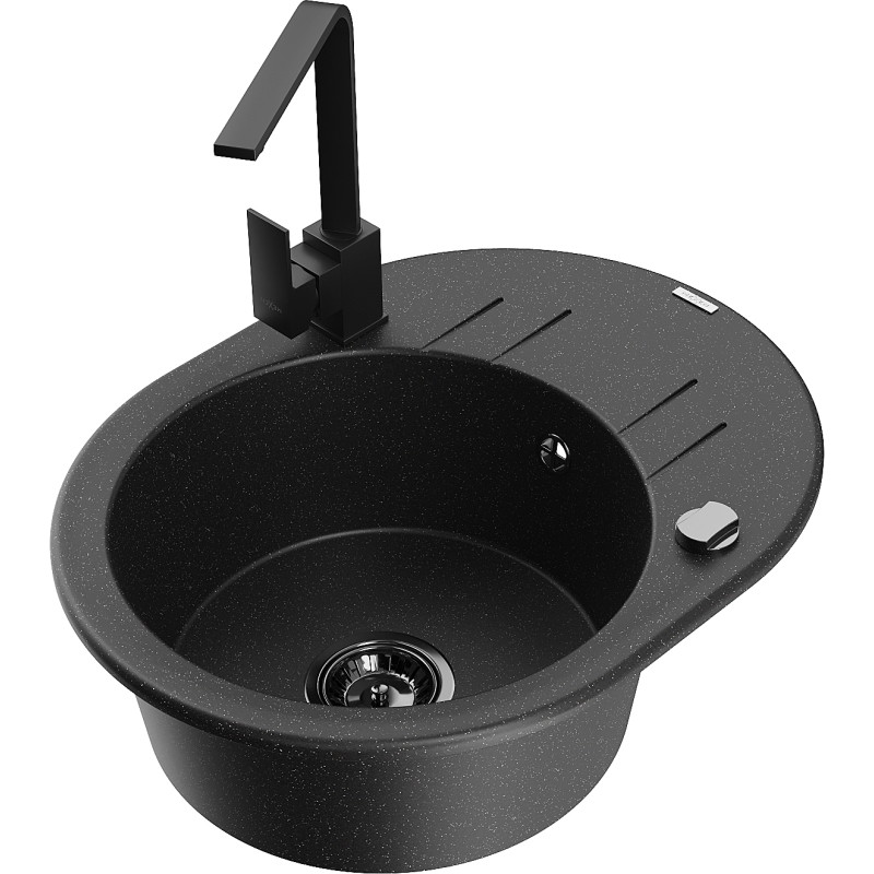 Mexen Kevin 1-Kammer-Granitspeüle mit Abtropffläche und Küchenarmatur Rita, schwarz/silber metallic - 6517-73-670300-70-B