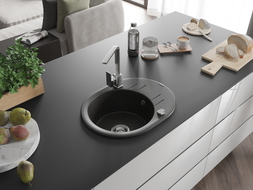Mexen Kevin Granitspüle 1-Becken mit Abtropffläche und Küchenarmatur Rita, schwarz/gold metallic - 6517-75-670300-00