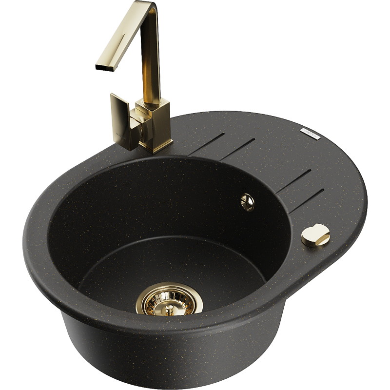 Mexen Kevin Granitspüle 1-Becken mit Abtropffläche und Küchenarmatur Rita, schwarz/goldener Metallic - 6517-75-670300-50