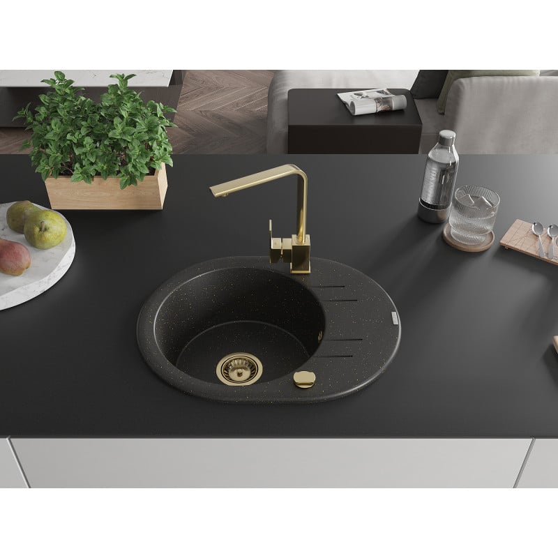 Mexen Kevin Granitspüle 1-Becken mit Abtropffläche und Küchenarmatur Rita, schwarz/gold metallic - 6517-75-670300-50