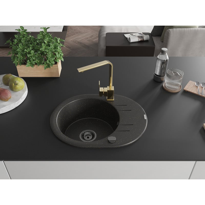 Mexen Kevin Granitspüle 1-Becken mit Abtropffläche und Küchenarmatur Rita, Schwarz/Gold Metallic - 6517-75-670300-50-B