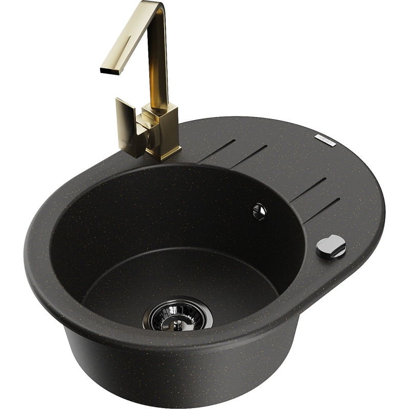 Mexen Kevin Granitspüle 1-beckig mit Abtropffläche und Küchenarmatur Rita, schwarz/gold metallic - 6517-75-670300-50-B