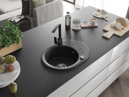 Mexen Kevin Granitspüle 1-becken mit Abtropffläche und Küchenarmatur Rita, schwarz/gold metallic - 6517-75-670300-70