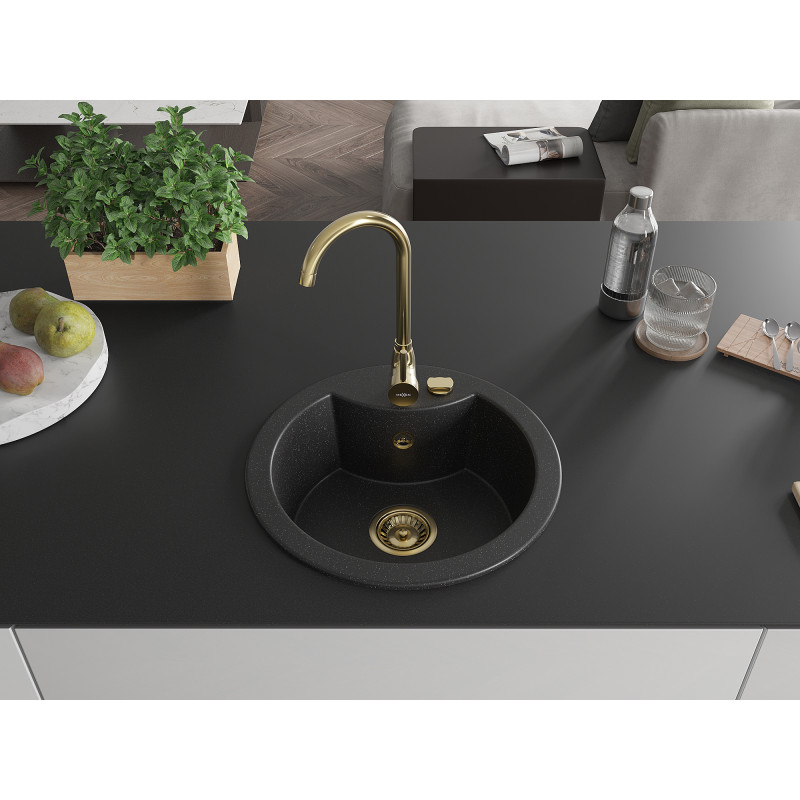 Mexen Diego Granitspüle 1-becken mit Küchenarmatur Telma, schwarz/silber - 6512-73-670200-50