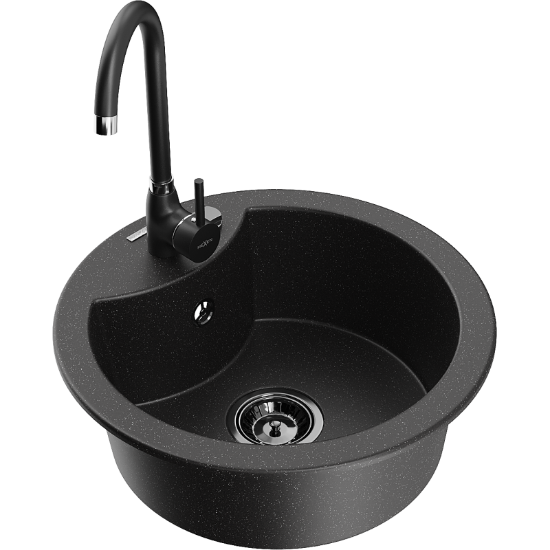 Mexen Diego Granitspüle 1-Becken mit Küchenarmatur Telma, schwarz/silber - 6512-73-670200-70-B