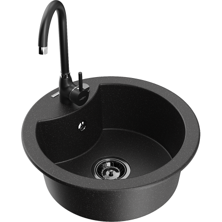 Mexen Diego Granitspüle 1-Becken mit Küchenarmatur Telma, schwarz/silber - 6512-73-670200-70-B