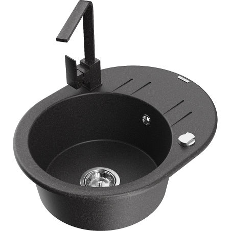 Mexen Kevin Granitspüle 1-Bowl mit Abtropffläche und Küchenarmatur Rita, schwarz gesprenkelt - 6517-76-670300-76